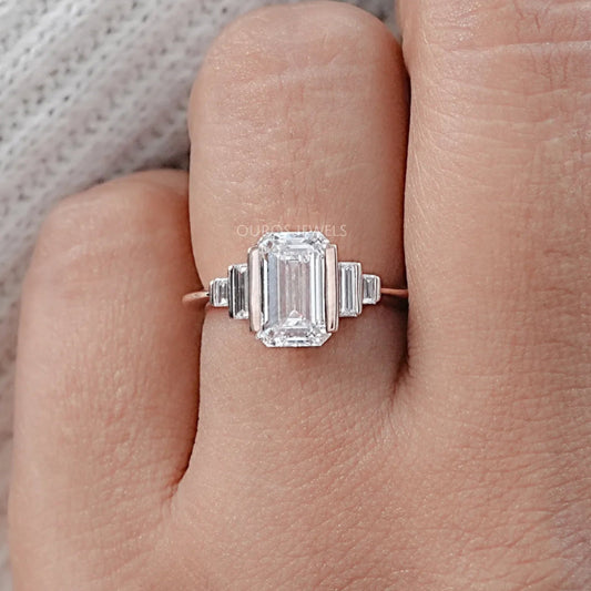 Emerald Half Bezel Set Baguette Diamond Engagement Ring Rings