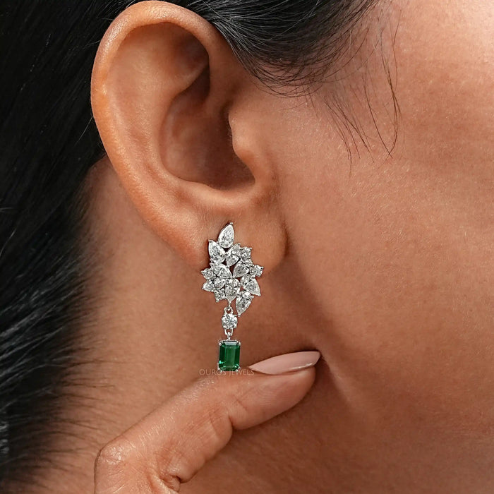 Green Emerald And Lab Diamond Cluster Drop Earrings
