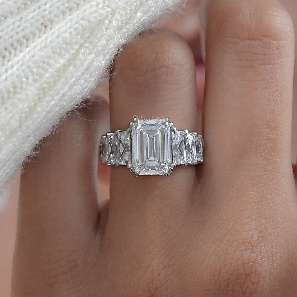 front view of emerald-cut lab diamond trapezoid solitaire accent engagement ring