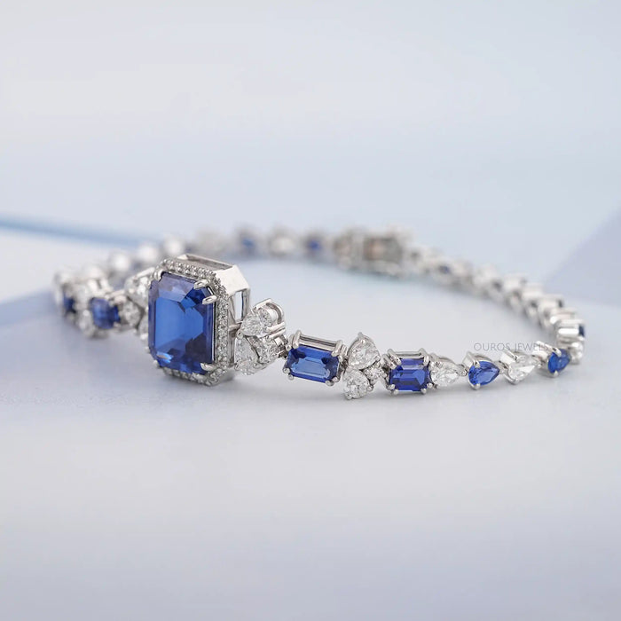 Sapphire Emerald Cut Halo Diamond Bracelet