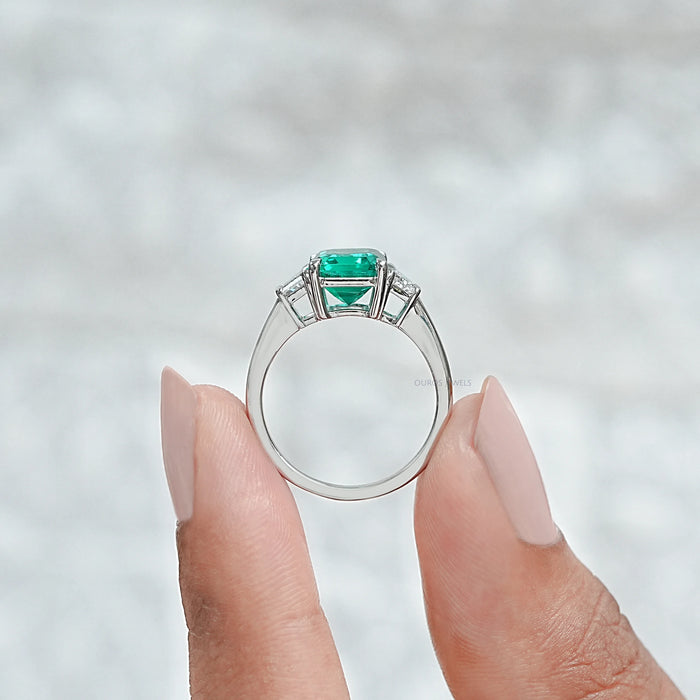 Green Emerald Cut With Trapezoid Diamond Ring