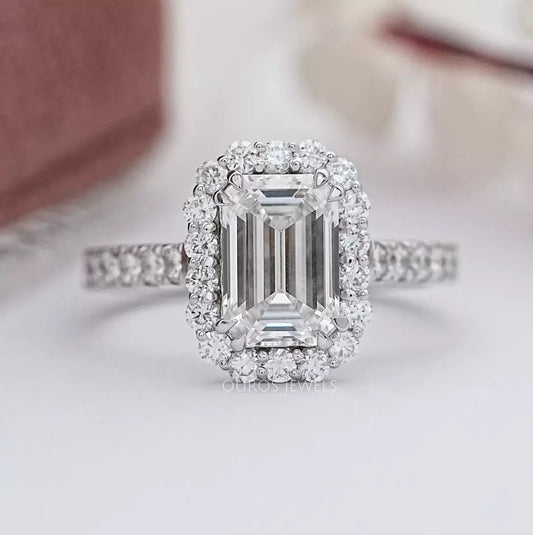 Emerald Cut Halo Accent Diamond Engagement Ring Ring