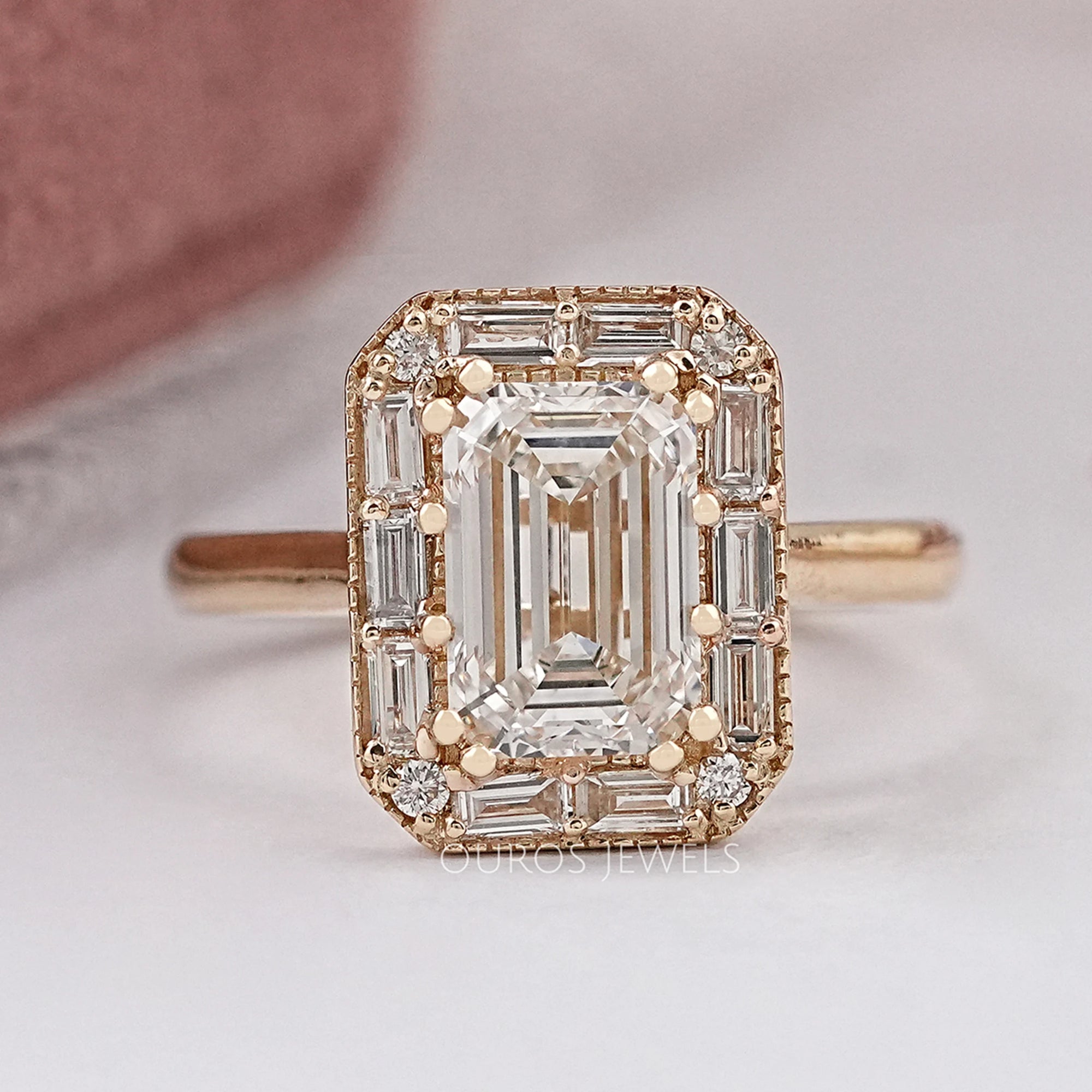 Emerald Diamond Engagement Ring - Baguette Halo Settings Rings