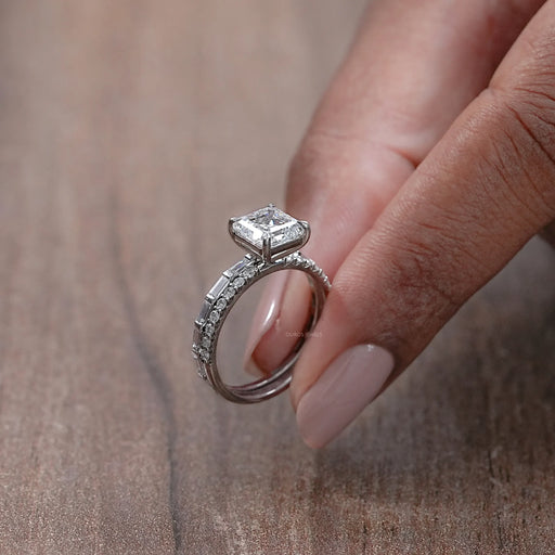 side view of asscher cut diamond solitaire bridal ring set with white gold band