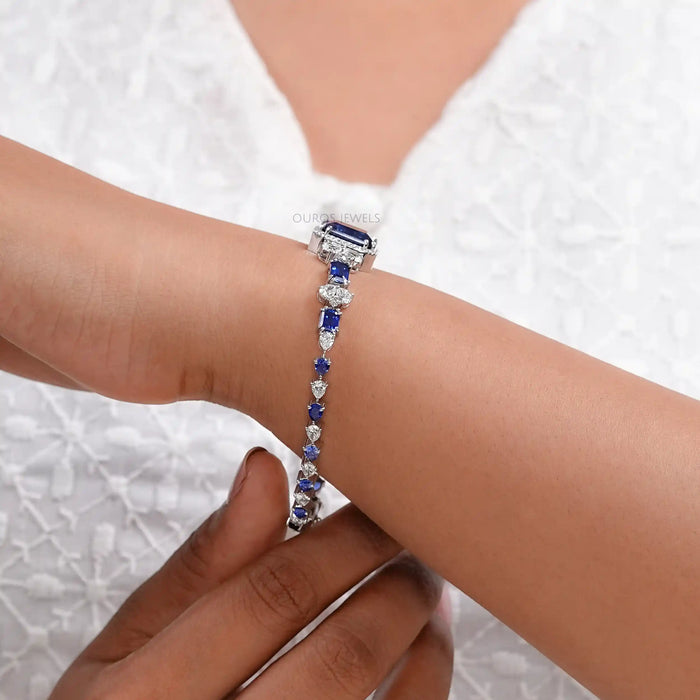 Sapphire Emerald Gemstone And Lab Diamond Halo Bracelet