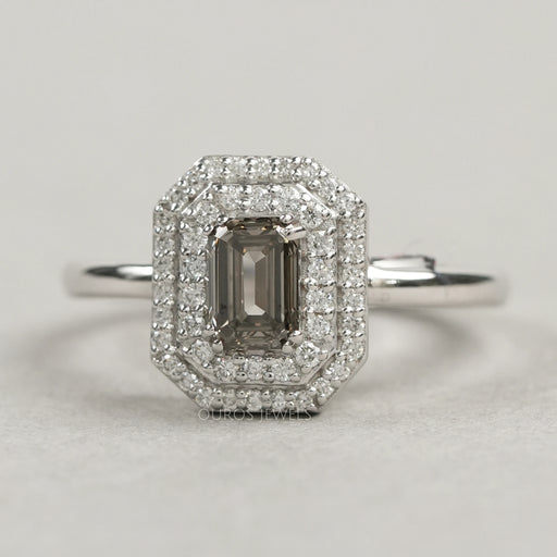 front view of olive emerald cut lab diamond double halo engagement ring