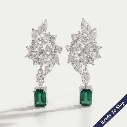 Green Emerald And Lab Diamond Cluster Drop Earrings