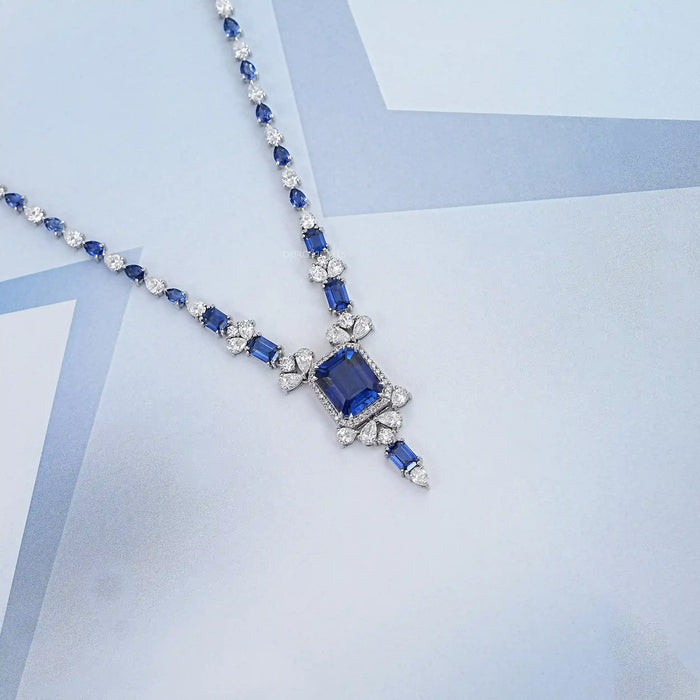 Sapphire Emerald Cut And Diamond Necklace