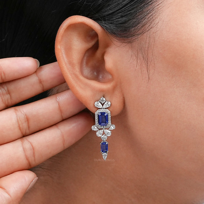Sapphire Emerald Gemstone And Lab Diamond Drop Earrings