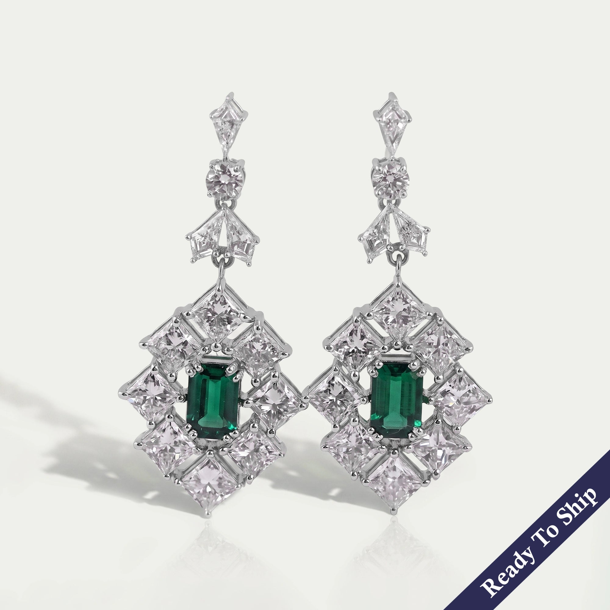 Green Emerald And Princess Diamond Halo Earrings Earrings