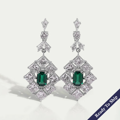 Green Emerald And Princess Diamond Halo Earrings Earrings