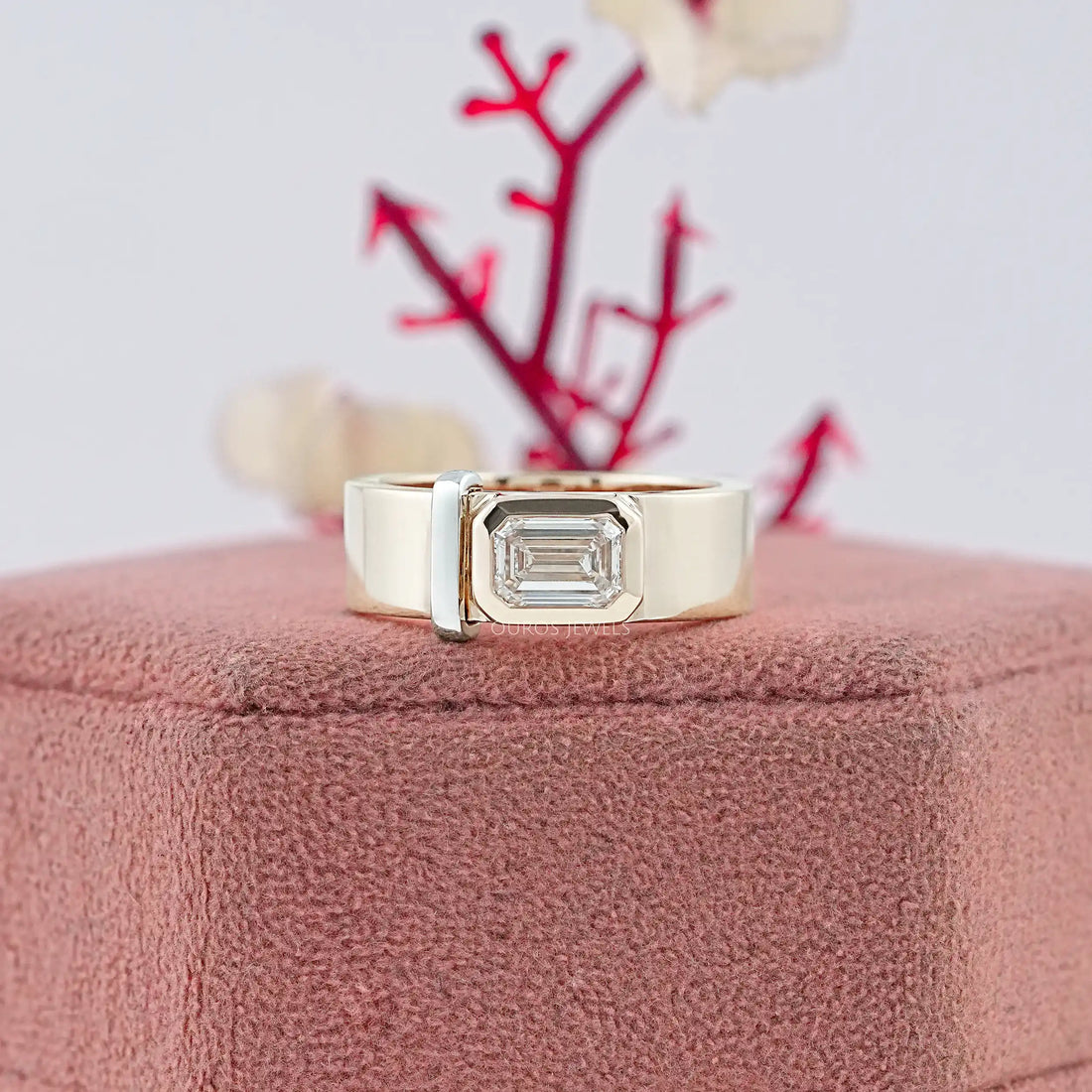 East West Emerald Diamond Bezel Set Men's Band Ring