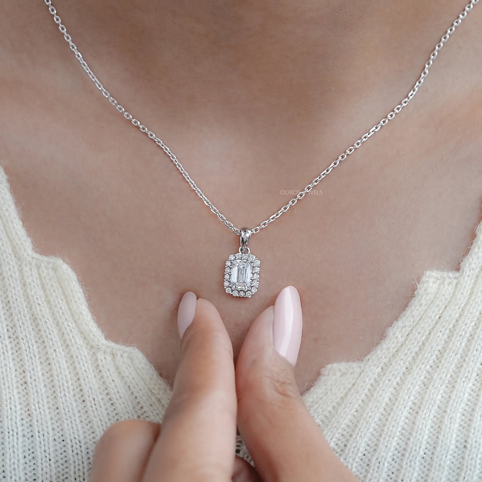 Emerald Cut Lab Grown Diamond Halo Pendant Necklaces