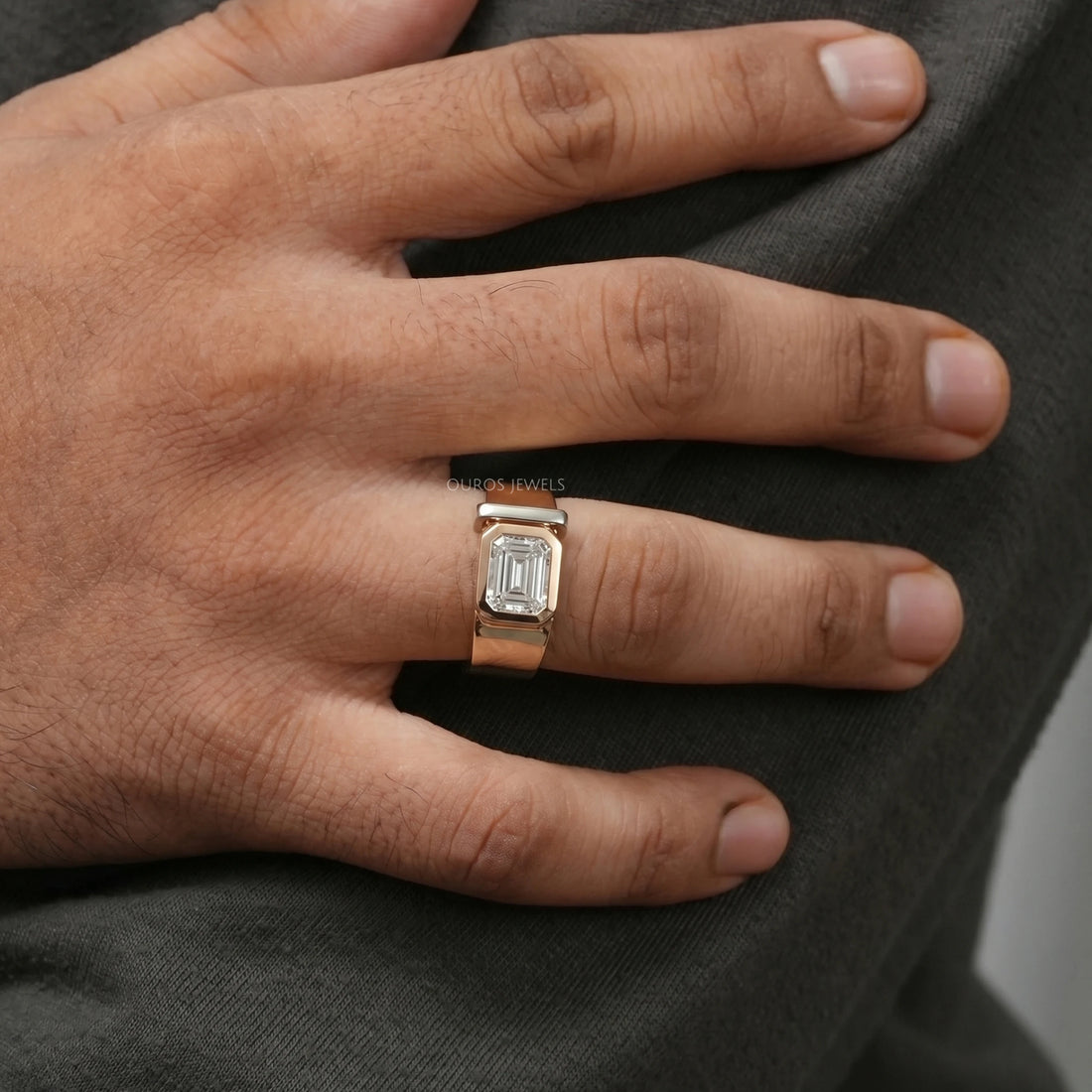 East West Emerald Diamond Bezel Set Men's Band Ring