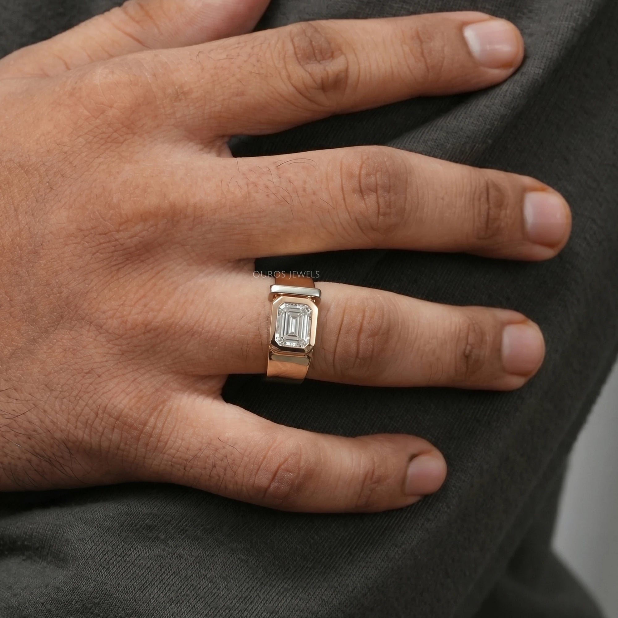 East West Emerald Diamond Bezel Set Men's Band Ring