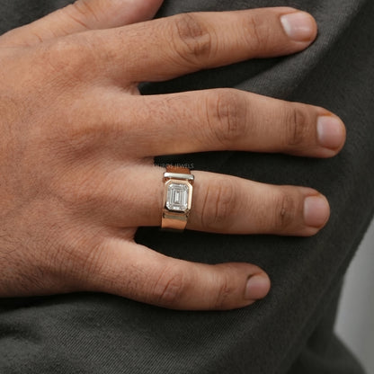 East West Emerald Diamond Bezel Set Men's Band Ring