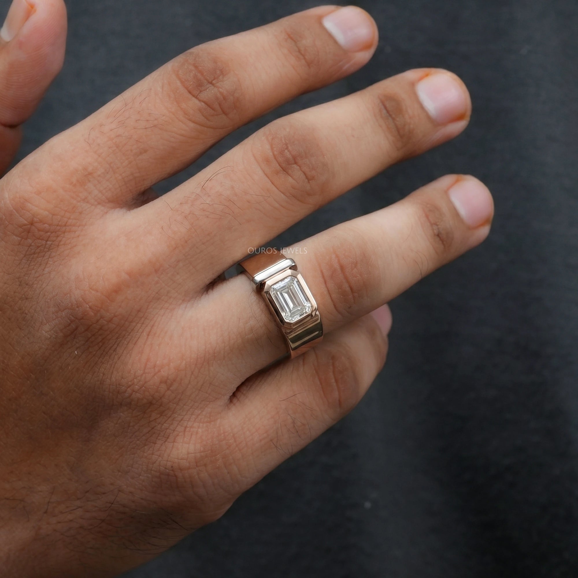 East West Emerald Diamond Bezel Set Men's Band Ring