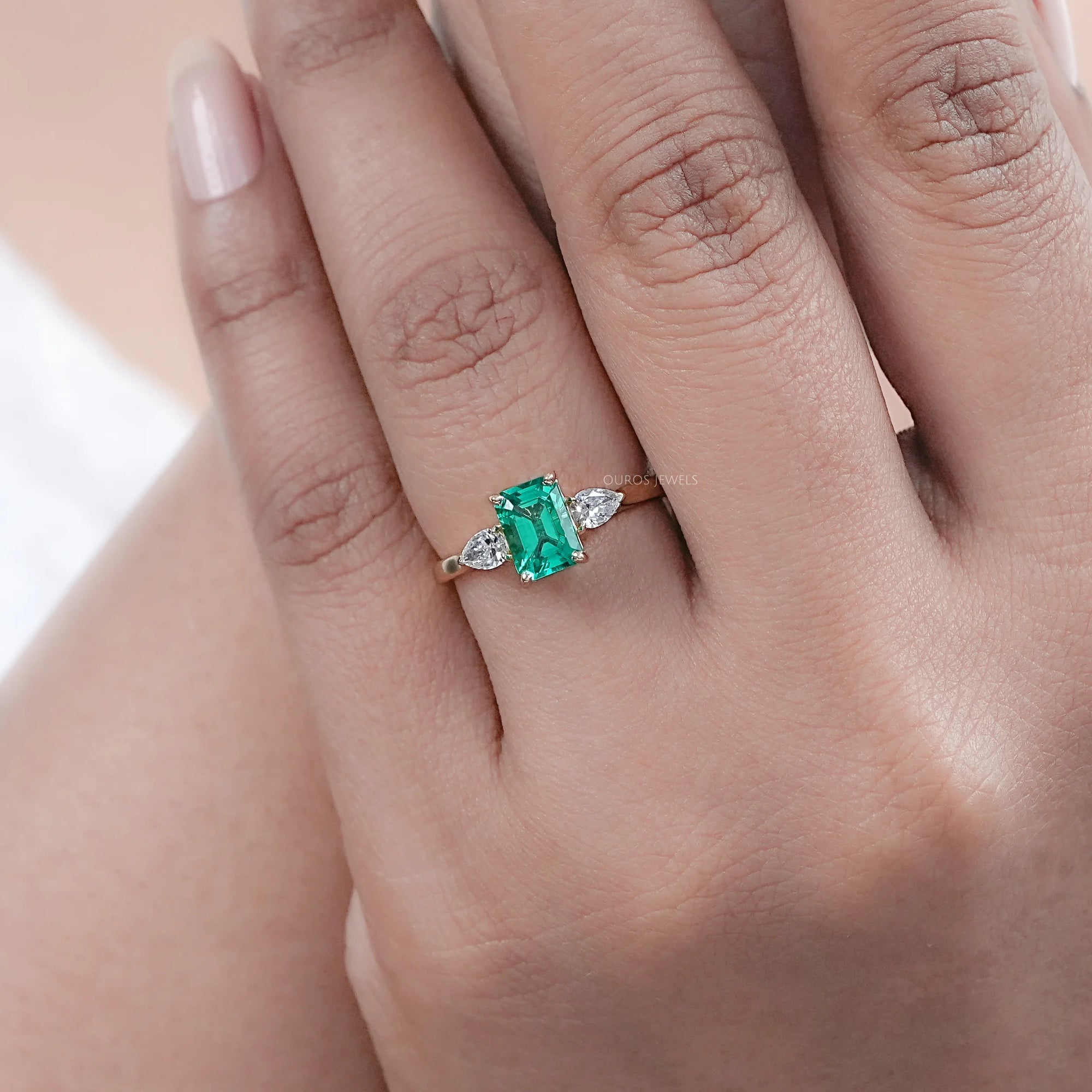 Emerald Gemstone And Pear Diamond Trio Engagement Ring Rings