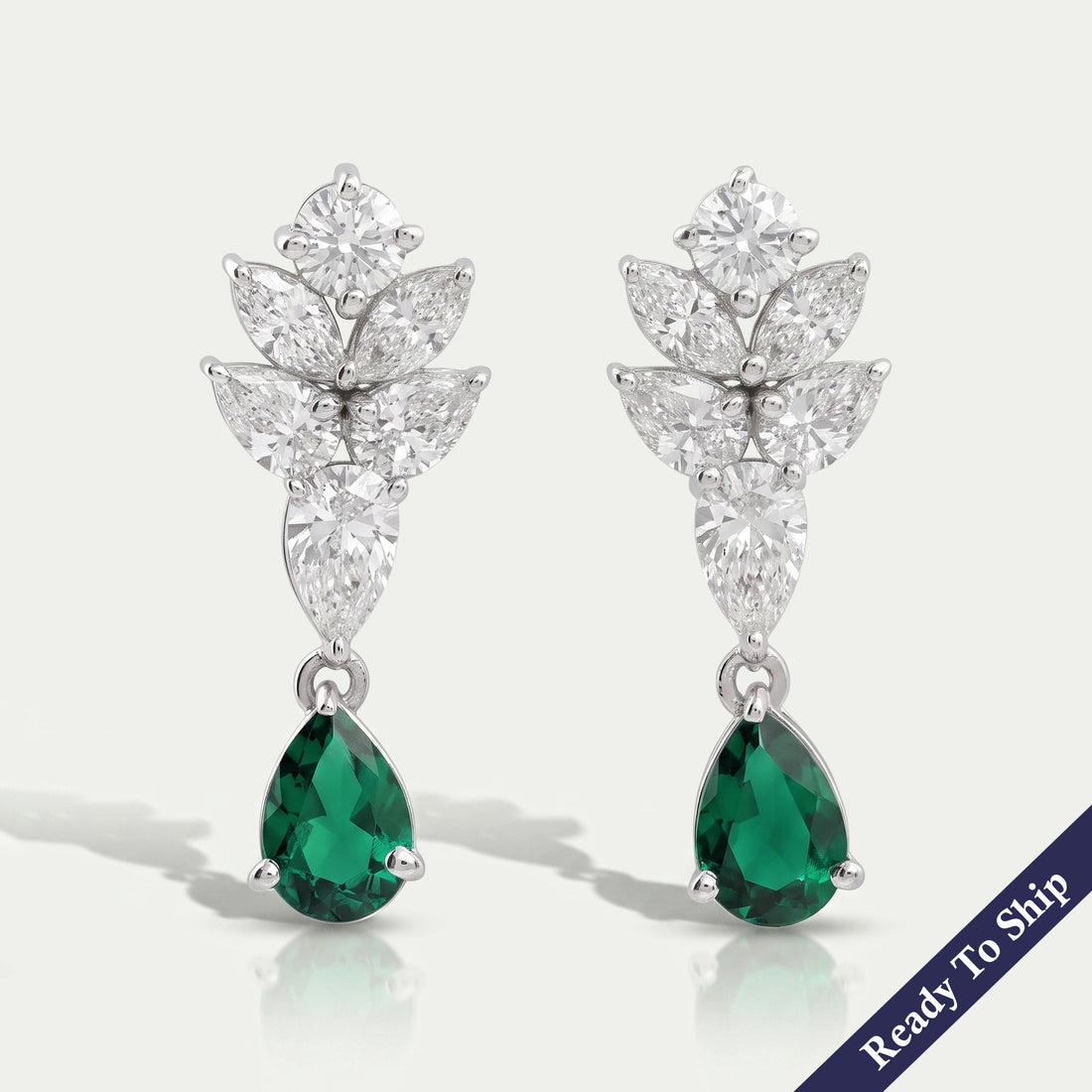 Green Emerald And Pear Diamond Cluster Earrings