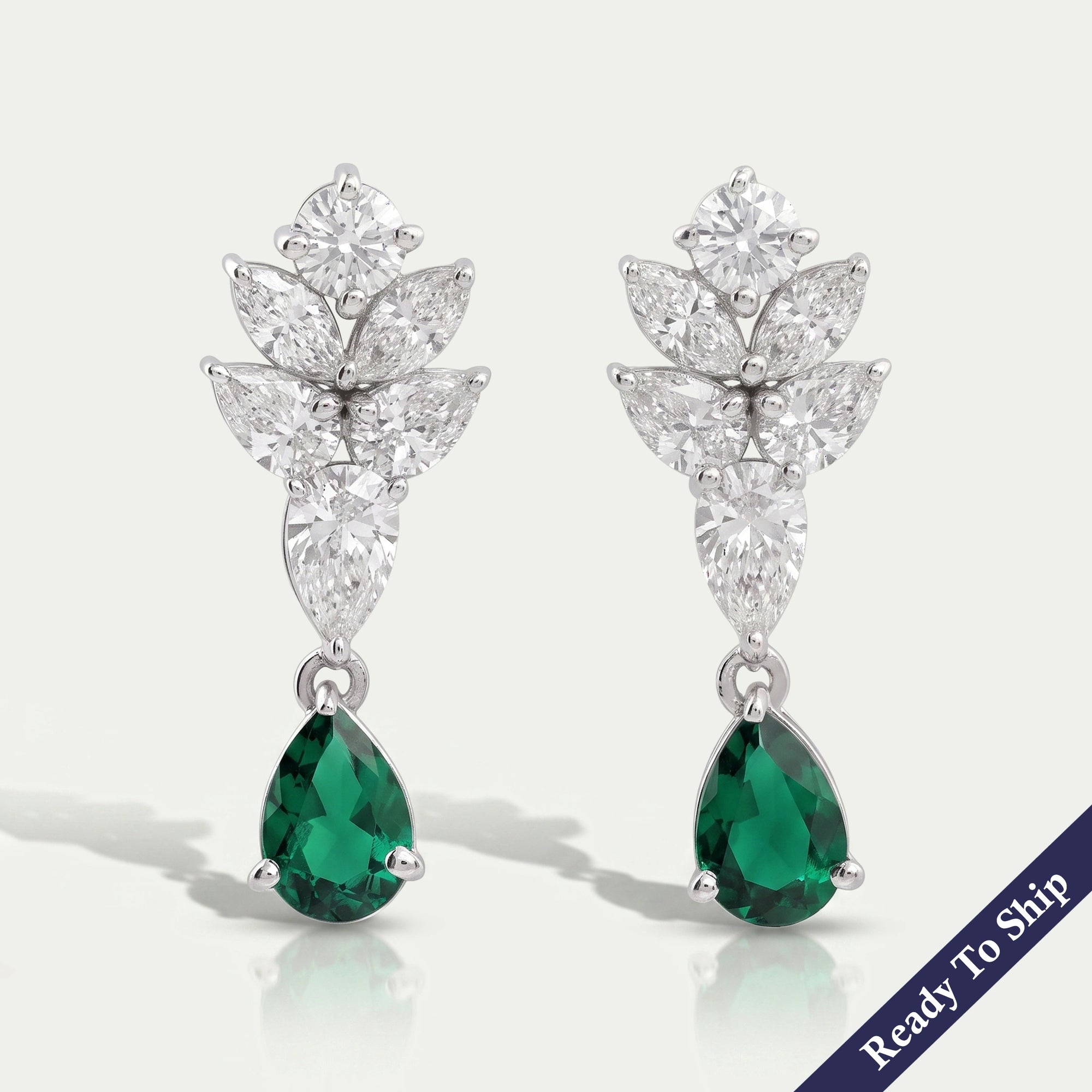 Green Emerald And Pear Diamond Cluster Earrings