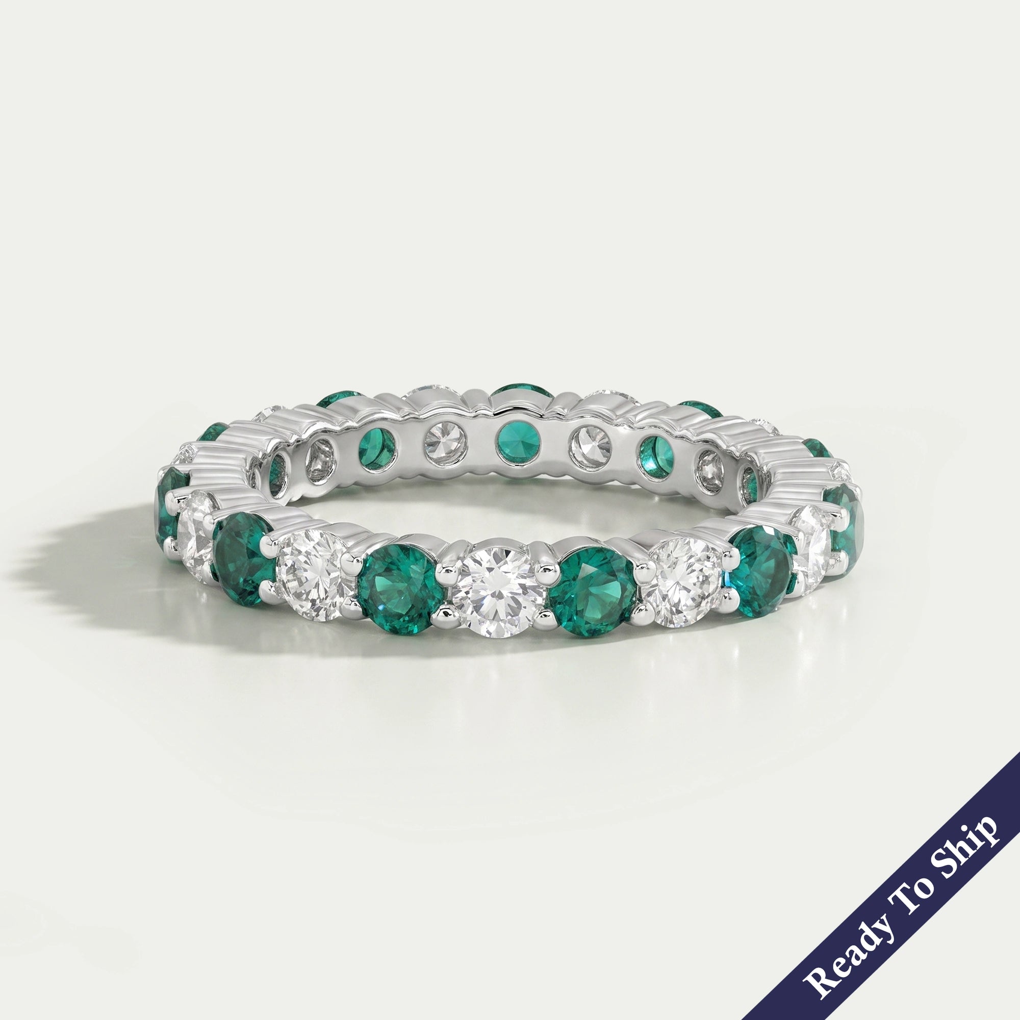 Emerald Gemstone And Round Diamond Wedding Band Rings