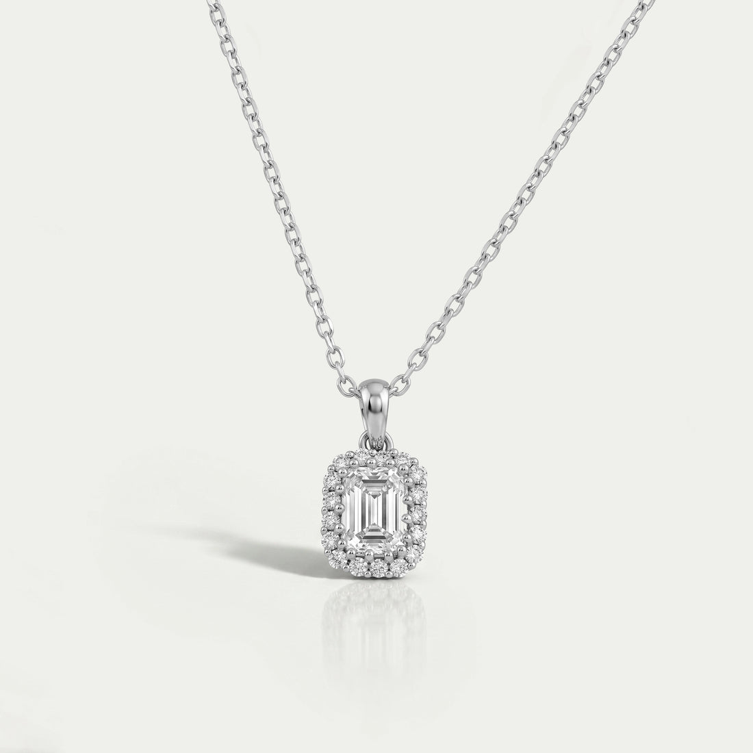 Emerald Cut Lab Grown Diamond Halo Pendant Necklaces