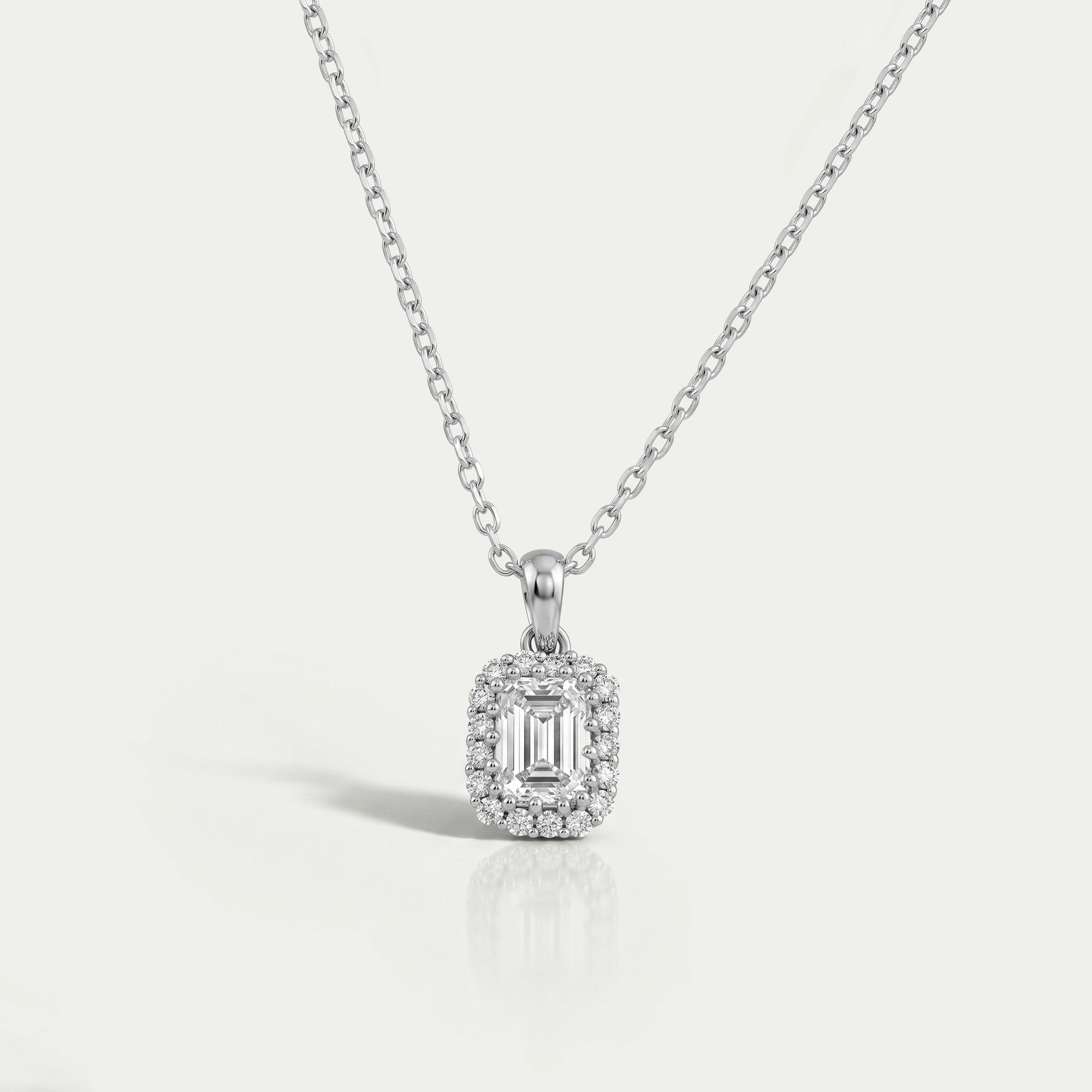 Emerald Cut Lab Grown Diamond Halo Pendant Necklaces
