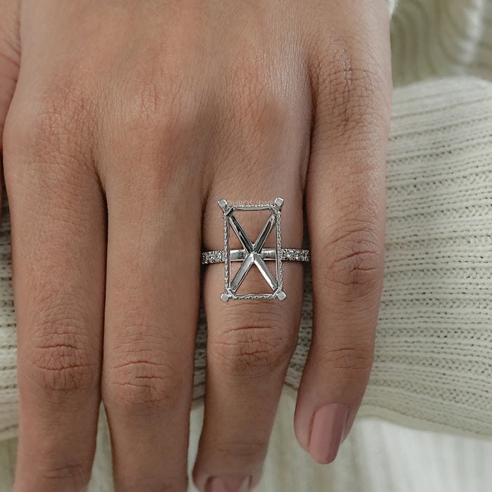 Emerald Shape Hidden Halo Semi Mount Ring