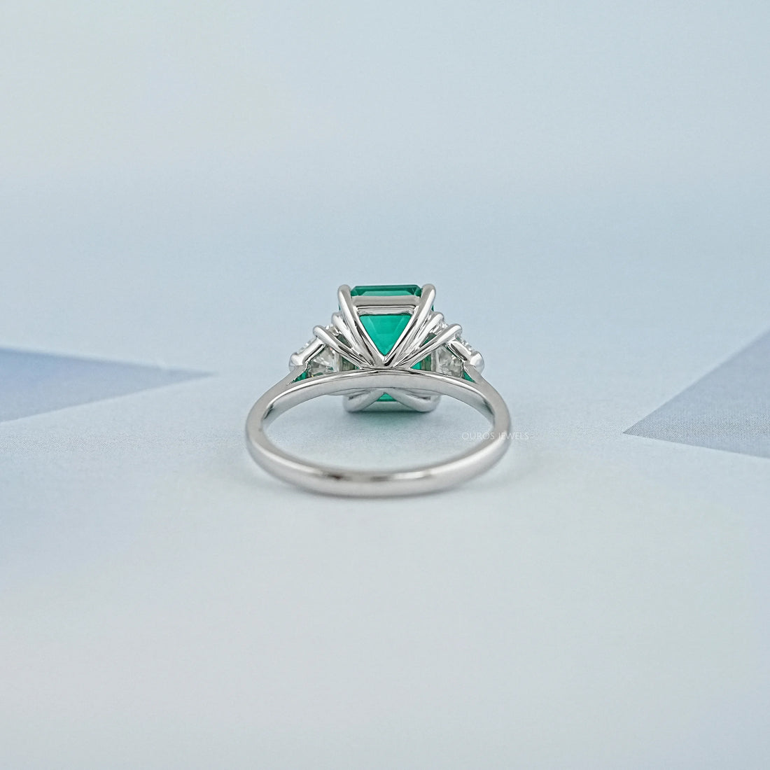 Green Emerald With Antique Diamond Three Stone Ring Ring