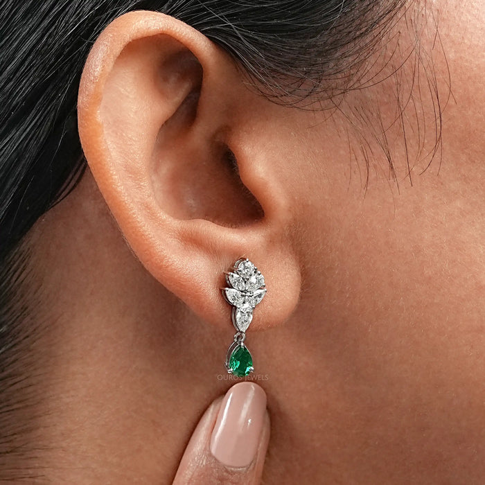 Green Emerald And Pear Diamond Cluster Earrings