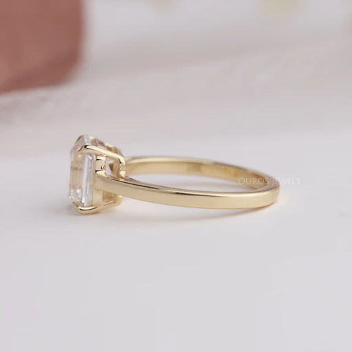 side view of old mine emerald cut lab diamond solitaire wedding ring