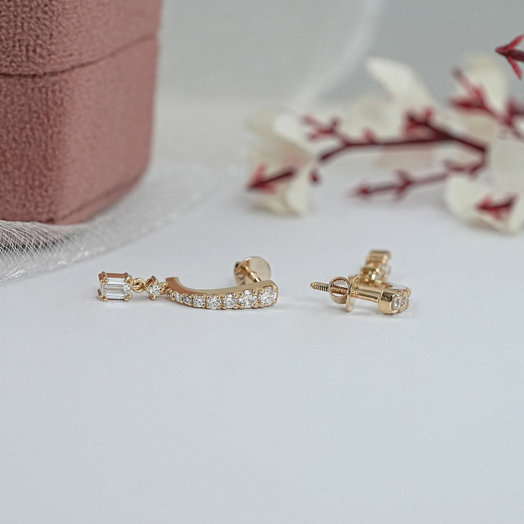 Emerald Drop and Round Cut Diamond Dangle Earring Earring