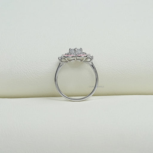 floral diamond with round diamond halo pink enamel ring's close view