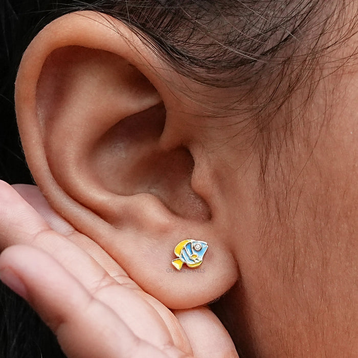 Round Cut Diamond Enamel Fish Earrings For Kids