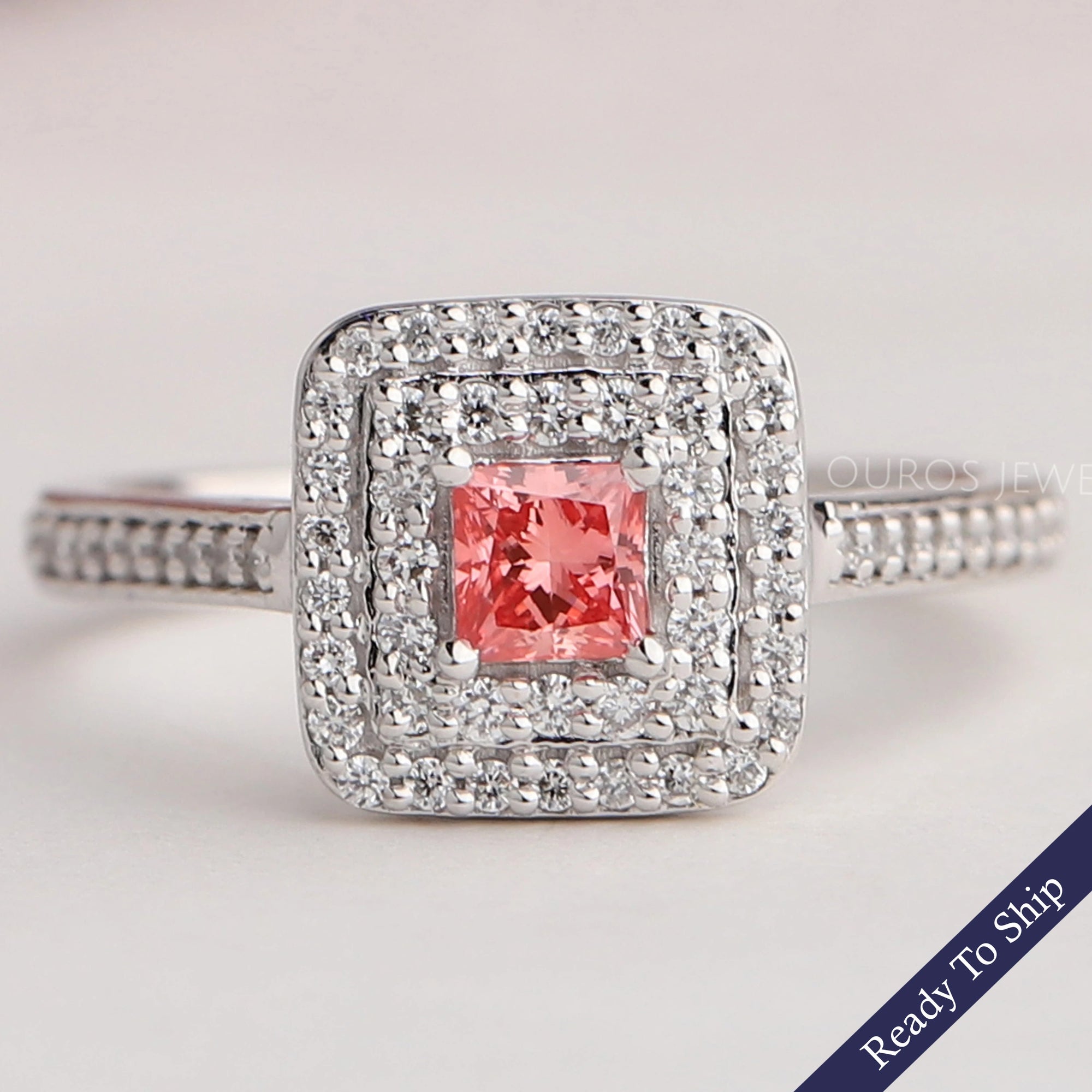 Pink Princess Cut Double Halo Engagement Ring