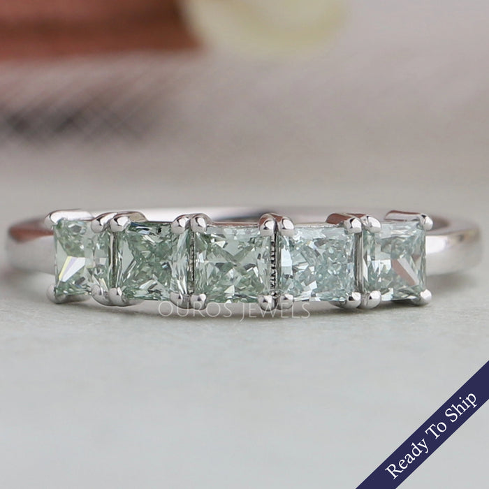 Green Princess Cut Five Stone Wedding  Ring