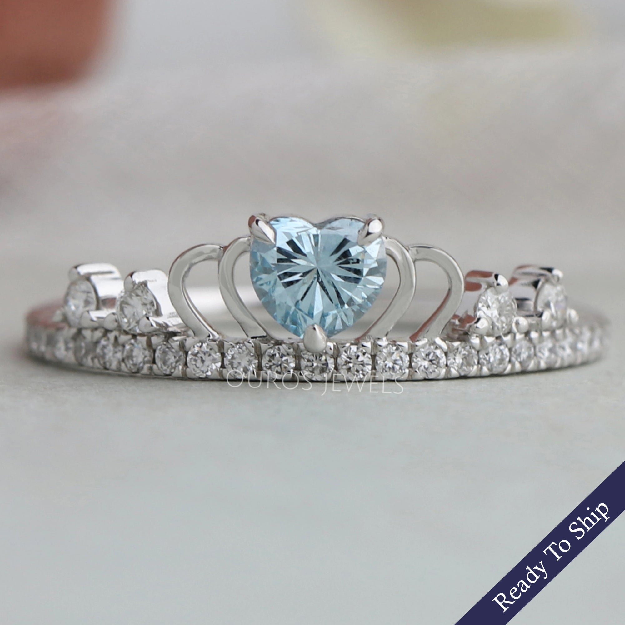 Blue Heart Diamond Crown Style Ring