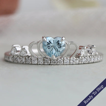Blue Heart Diamond Crown Style Ring