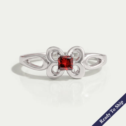 Red Princess Cut Butterfly Shape Dainty Ring