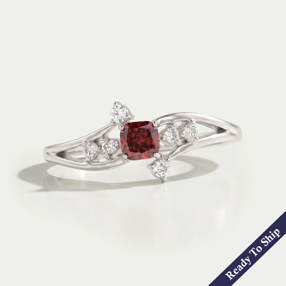 Red Cushion Cut Cluster Diamond Ring