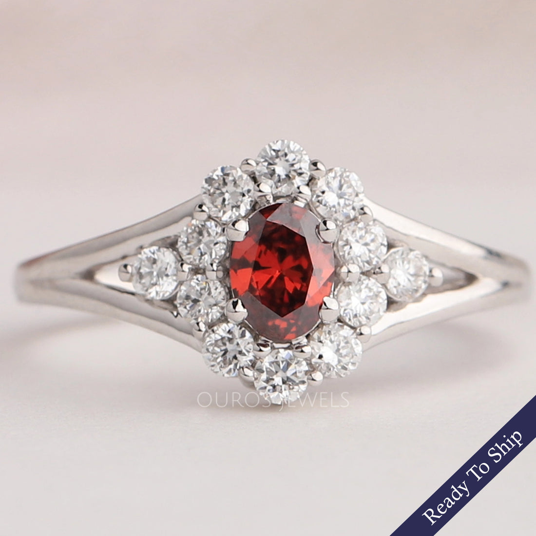 Red Oval Cut Halo Diamond Ring