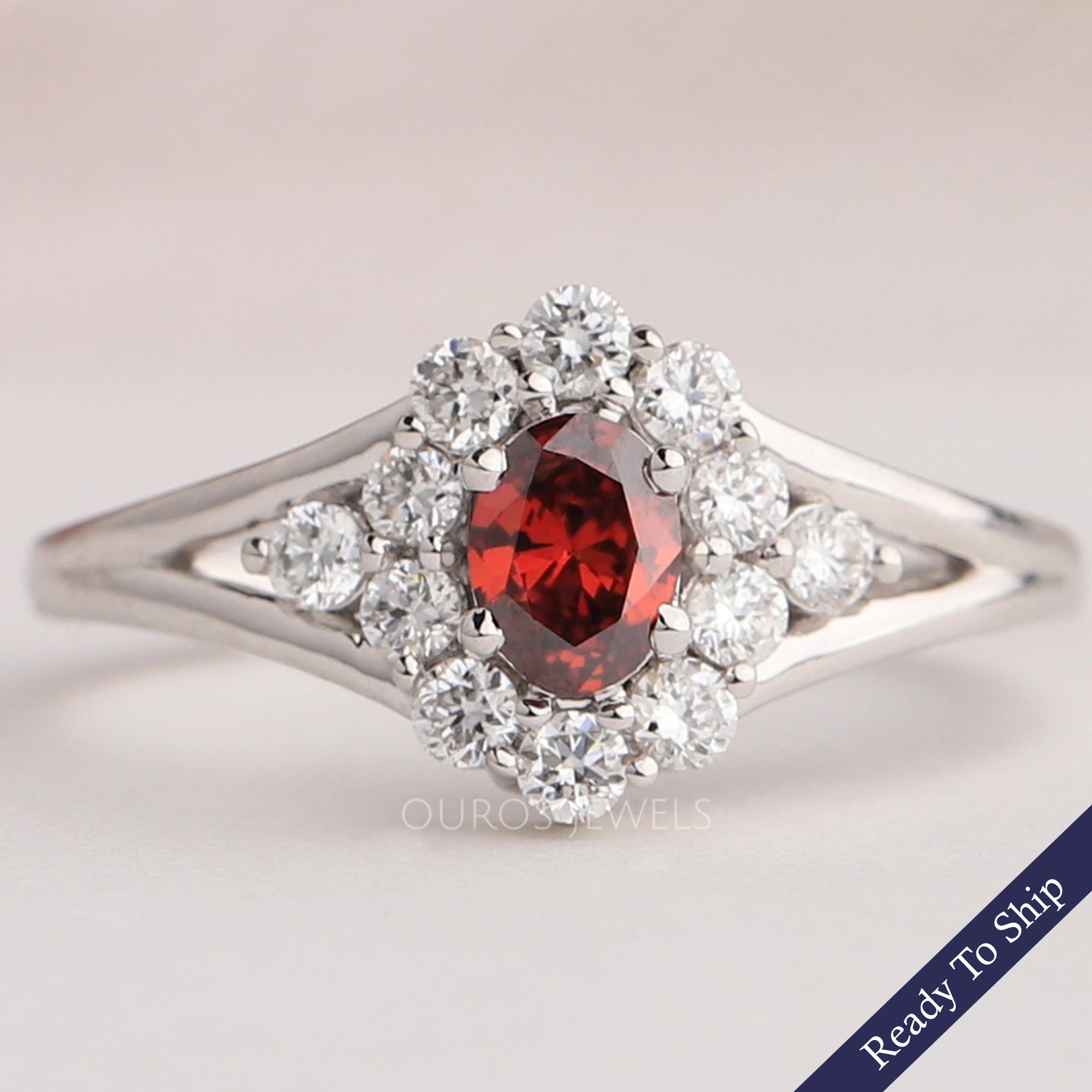 Red Oval Cut Halo Diamond Ring
