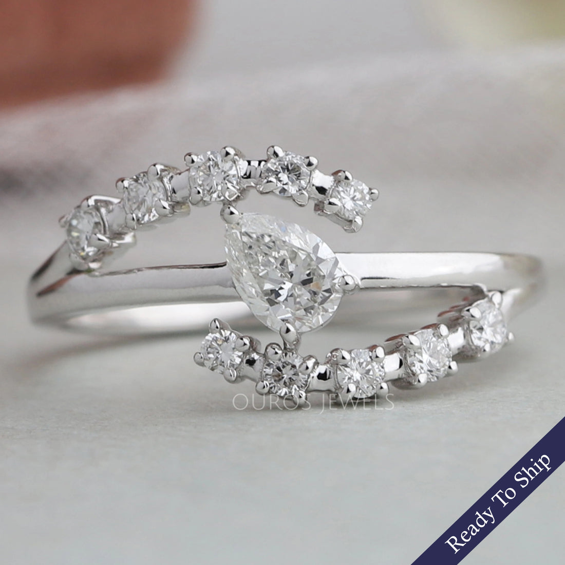 Bypass Style Pear Shaped Diamond Ring 14K White Gold