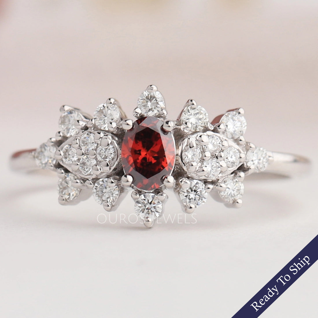 Red Oval Cut Cluster Diamond Dainty Ring