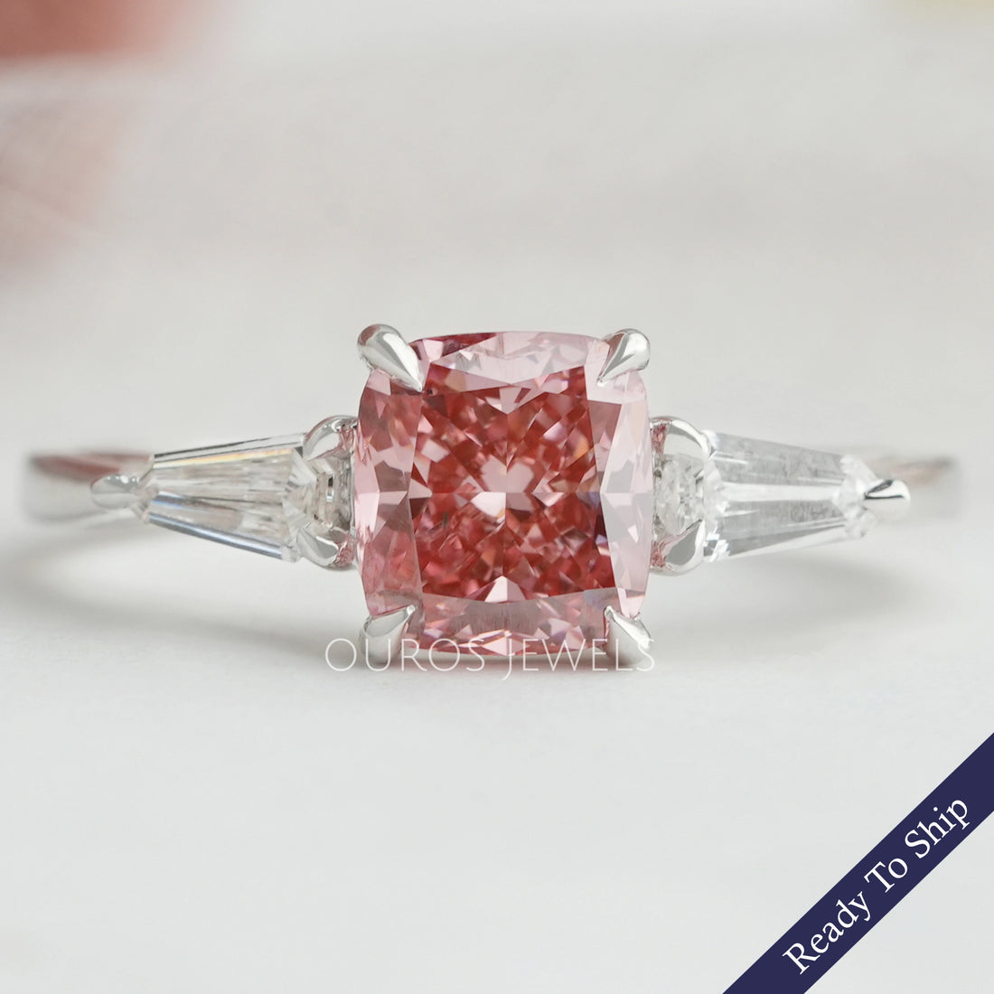Unique Arrow Cut Pink Cushion Three Stone Engagement Ring