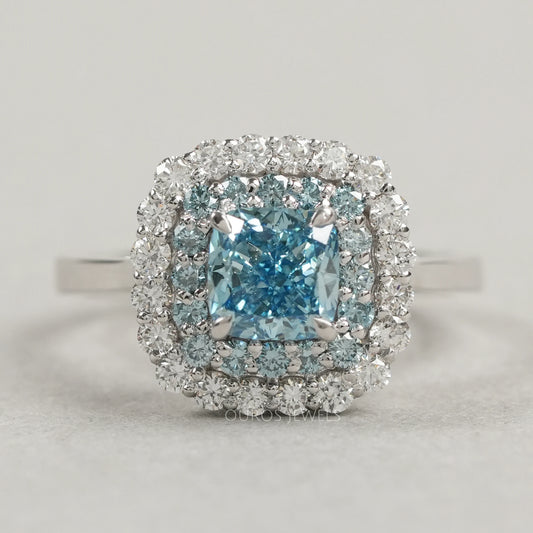Fancy Blue Cushion Cut Double Halo Lab Diamond Ring Rings
