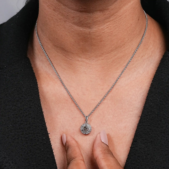 Double Halo Round Shape Brown Diamond Pendant