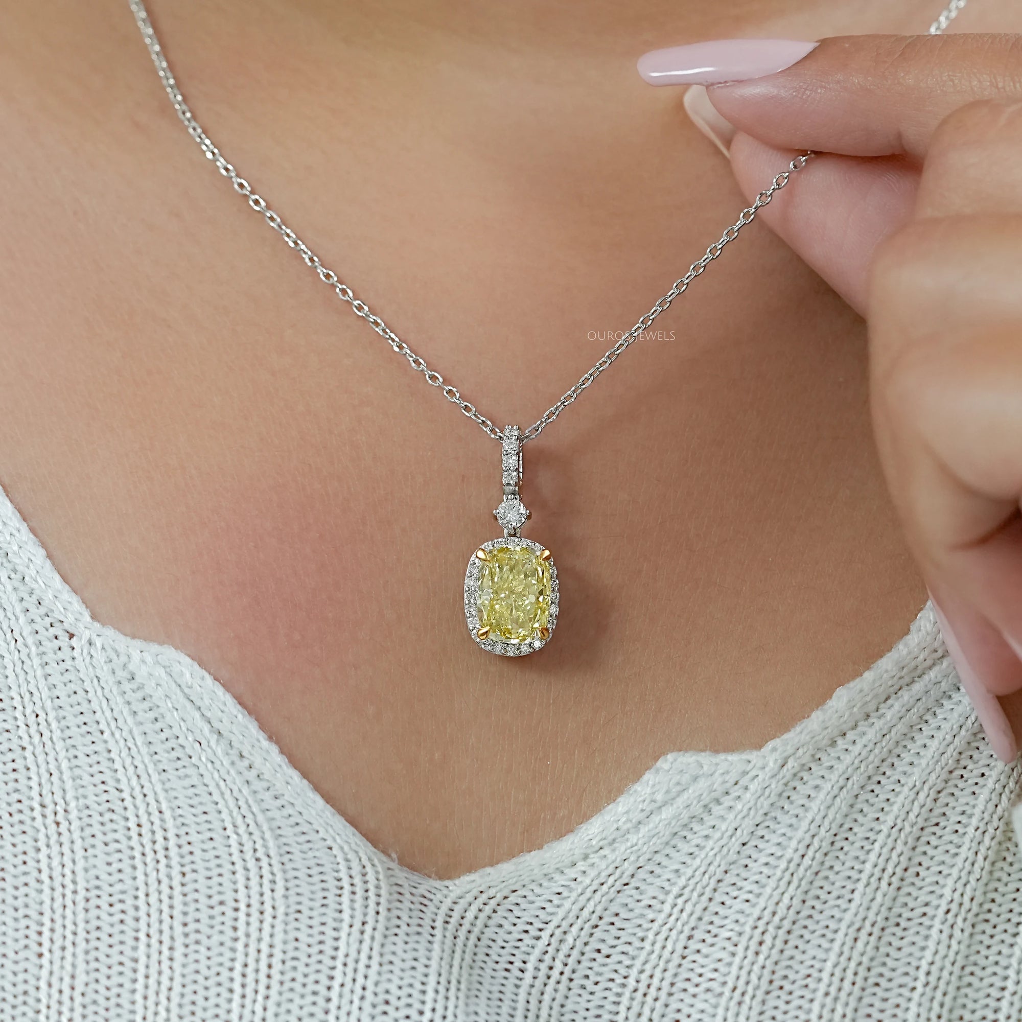 Fancy Intense Yellow Cushion Diamond Halo Pendant Necklaces