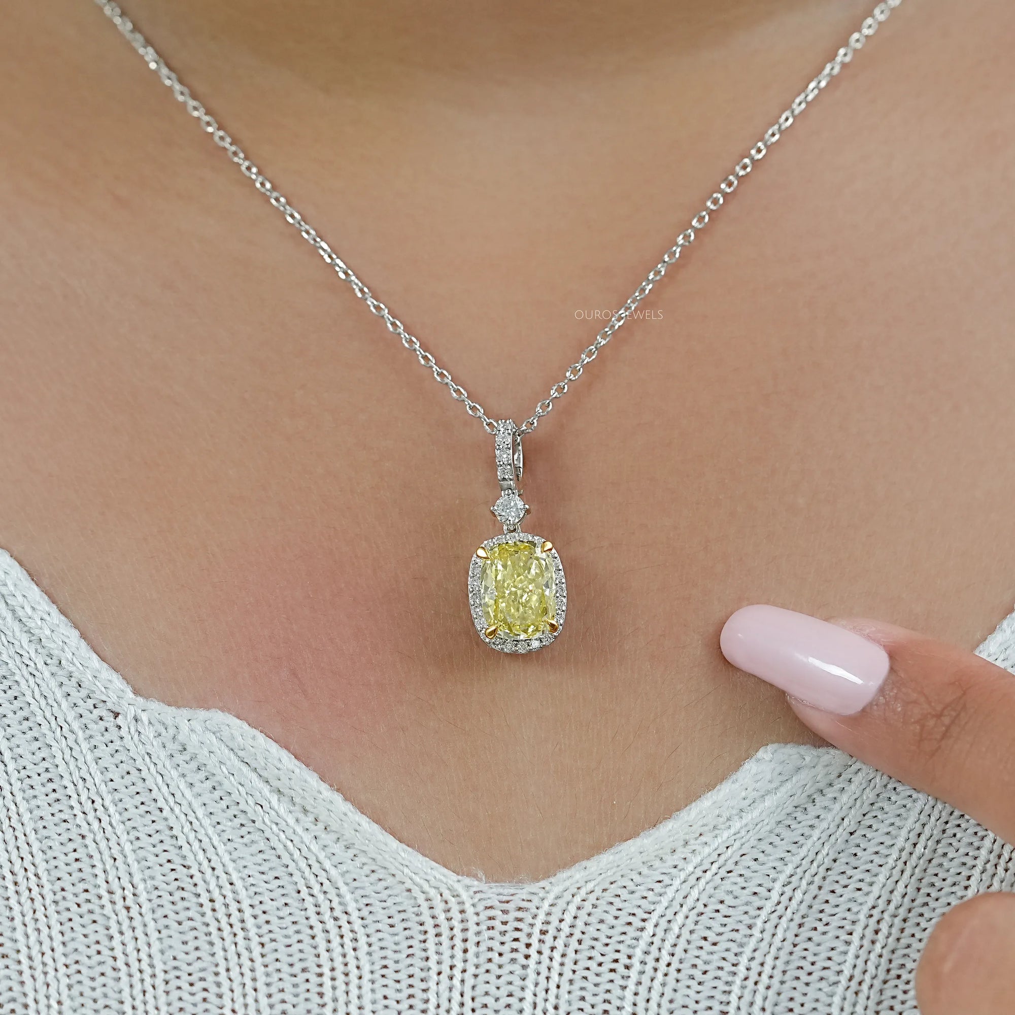 Fancy Intense Yellow Cushion Diamond Halo Pendant Necklaces