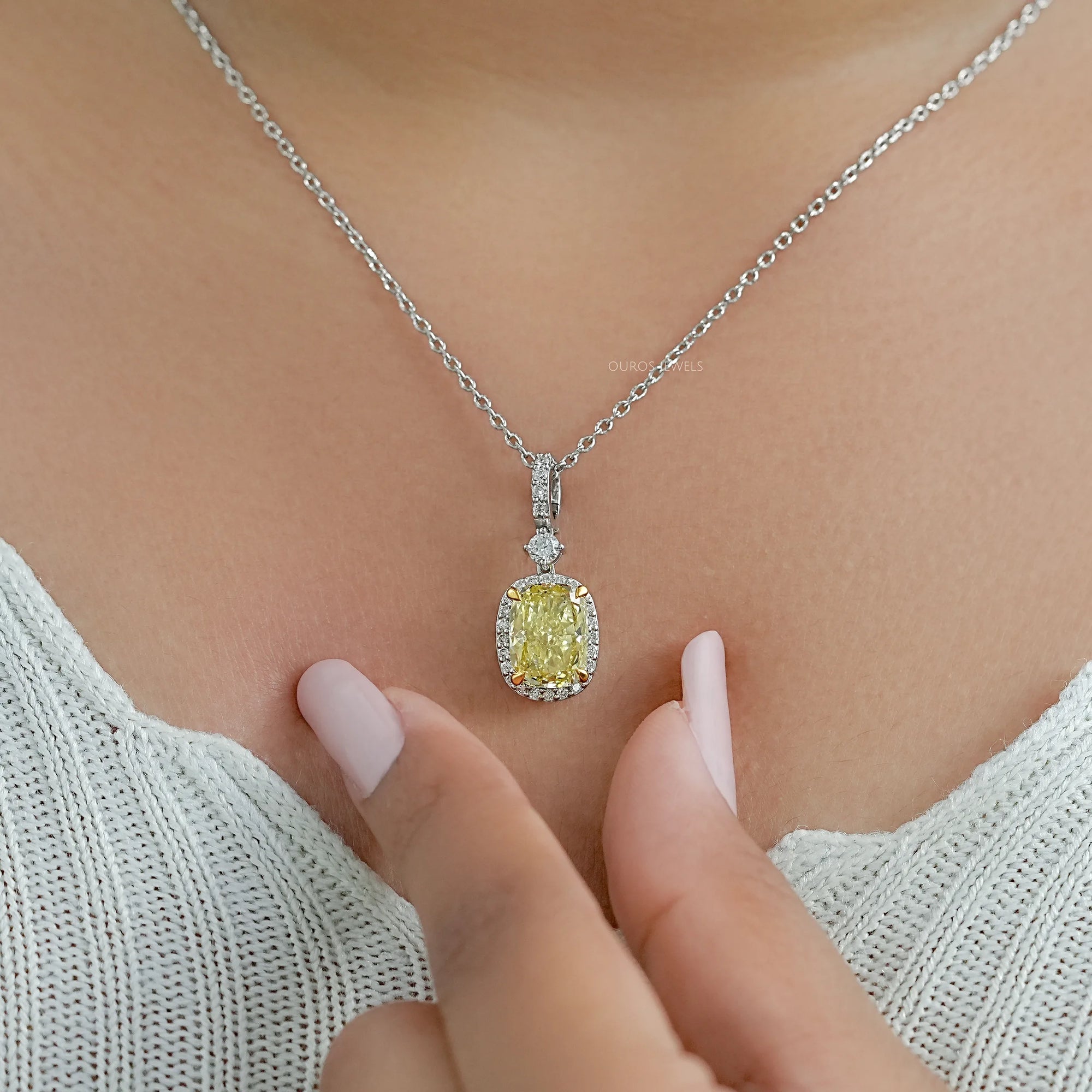 Fancy Intense Yellow Cushion Diamond Halo Pendant Necklaces